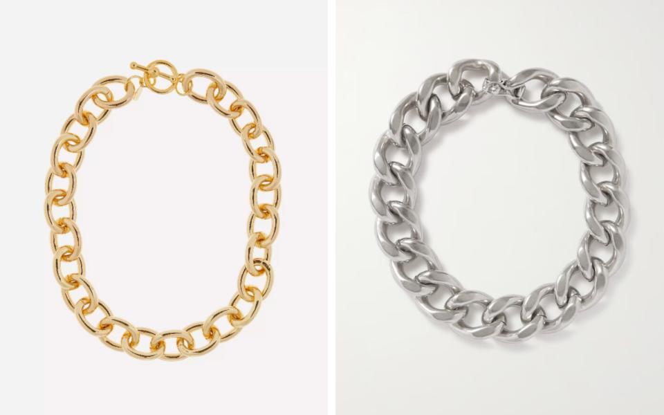 Gold-plated chunky chain necklace, £70, Kenneth Jay Lane (libertylondon.com) Silver-tone necklace, £295, Isabel Marant (net-a-porter.com)