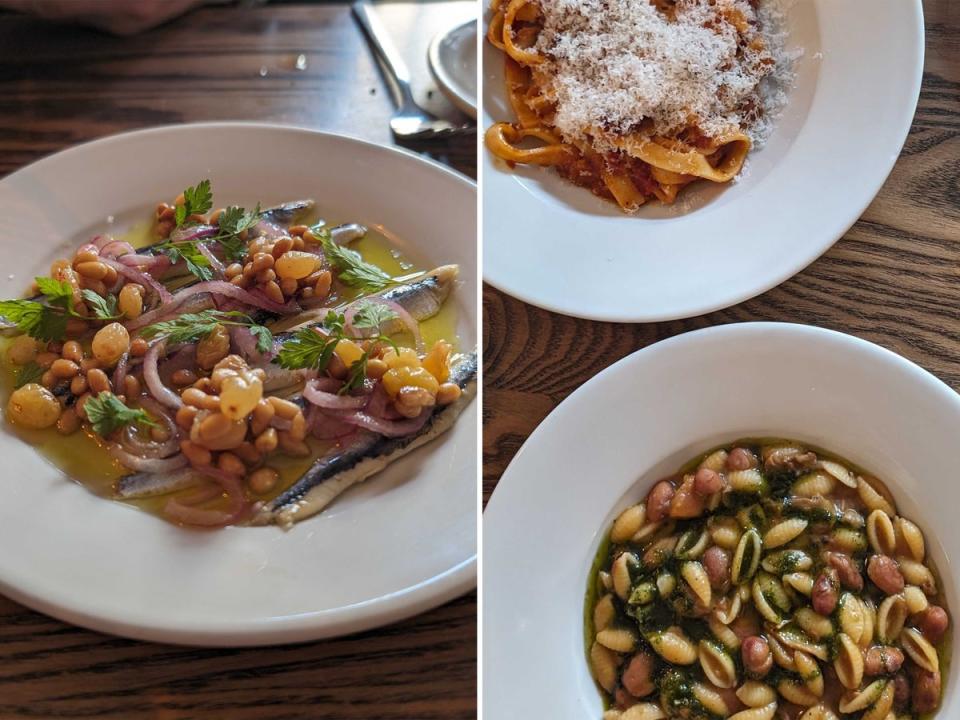 White anchovies in saor; pasta e fagioli and tonnarelli all’Amatriciana (Hannah Twiggs)