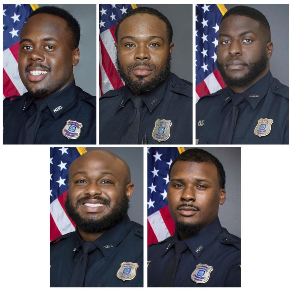 (Left to right, top row) Police Officers Tadarrius Bean, Demetrius Haley, Emmitt Martin III. (Left to right, bottom row) Desmond Mills, Jr. and Justin Smith. (Memphis Police Department via AP, File)