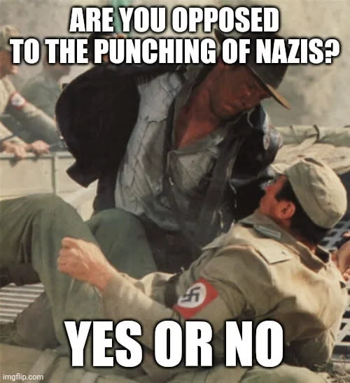 Indiana Jones wurde zum beliebtesten Meme in der „Schlag einen Nazi“-Debatte. (Foto via imgflip.com)