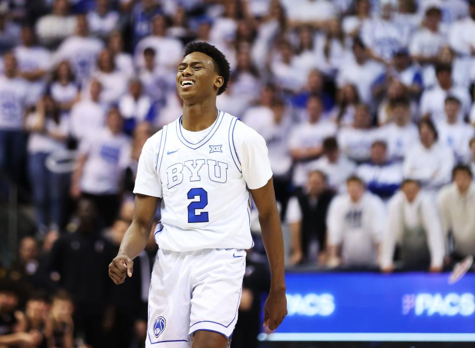 Brigham Young Cougars guard Jaxson Robinson (2) reacts to a missed shot against the Cincinnati Bearcats in Provo on Saturday, Jan. 6, 2024. Cincinnati won 71-60. | Jeffrey D. Allred, Deseret News