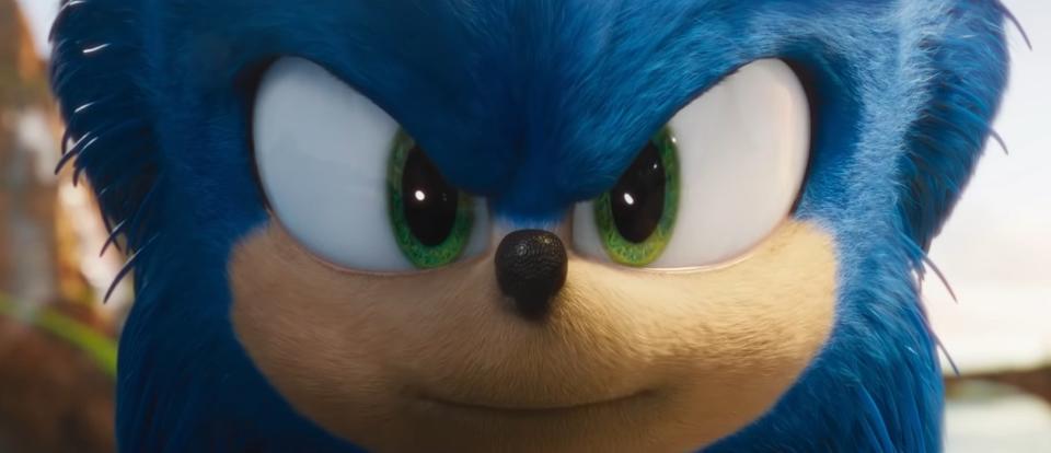 Closeup of Sonic in "Sonic the Hedgehog" (2020)