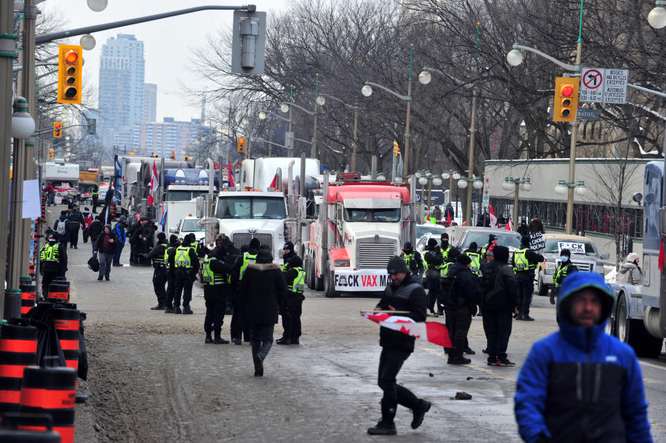 OTTAWA, CANADA - JANUARY 31: Canadian truckers protest with a convoy of big rigs against vaccine mandates and Covid-19 measures in Ottawa, Canada on January 31, 2022. (Photo by Kadri Mohamed/Anadolu Agency via Getty Images)