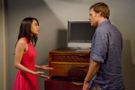 Aimee Garcia as Jamie Batista and Michael C. Hall as Dexter Morgan in the "Dexter" Season 8 episode, "This Little Piggy."