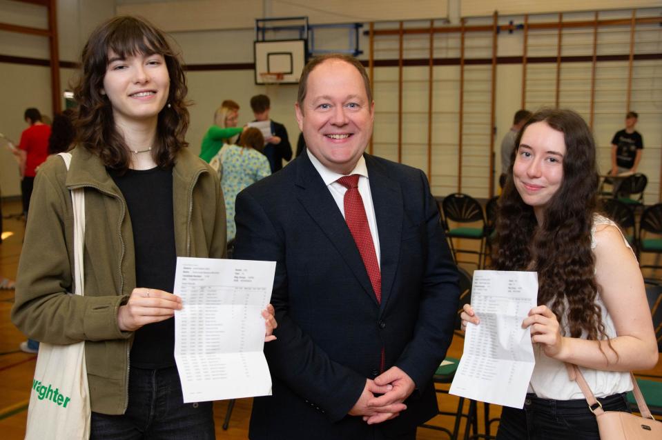 Principal Mr Houston congratulating Iona and Katie on their results. (Photo: Contributed)