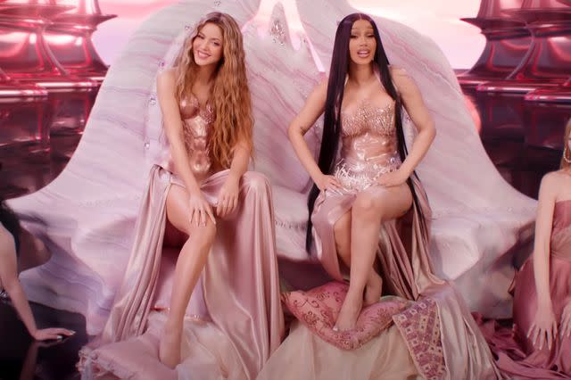 <p>Shakira/YouTube</p> Shakira (left) and Cardi B in the 'Puntería' music video