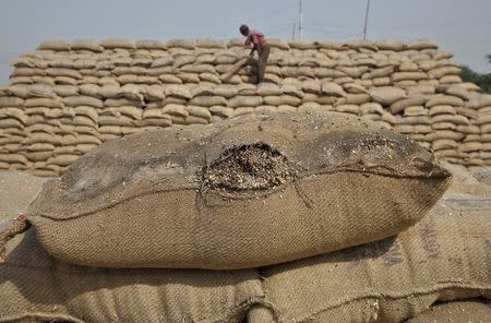 A sack of rotten wheat is pictured against the backdrop of a labourer removing dust from a heap of wheat sacks at a wholesale grain market in Punjab, India, May 6, 2015. REUTERS/Ajay Verma/Files