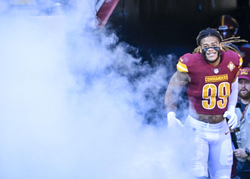 LANDOVER, MD - JANUARY 1: Washington Commanders defensive end Chase Young (99) runs out of the tunnel during player introductions prior to action against the Cleveland Browns at FedEx Field on January 1, 2023. (Photo by Jonathan Newton/The Washington Post via Getty Images)