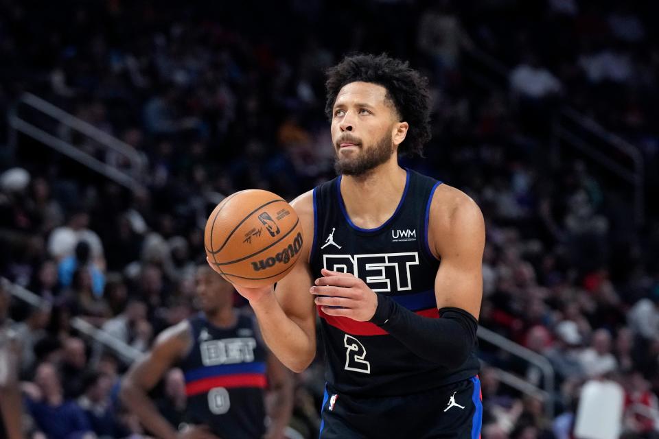 Detroit Pistons guard Cade Cunningham shoots a free throw during the second half against the Toronto Raptors, Wednesday, March 13, 2024, in Detroit.