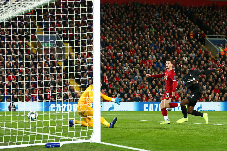 Andy Robertson makes it 2-0 to Liverpool. (Photo by Robbie Jay Barratt - AMA/Getty Images)