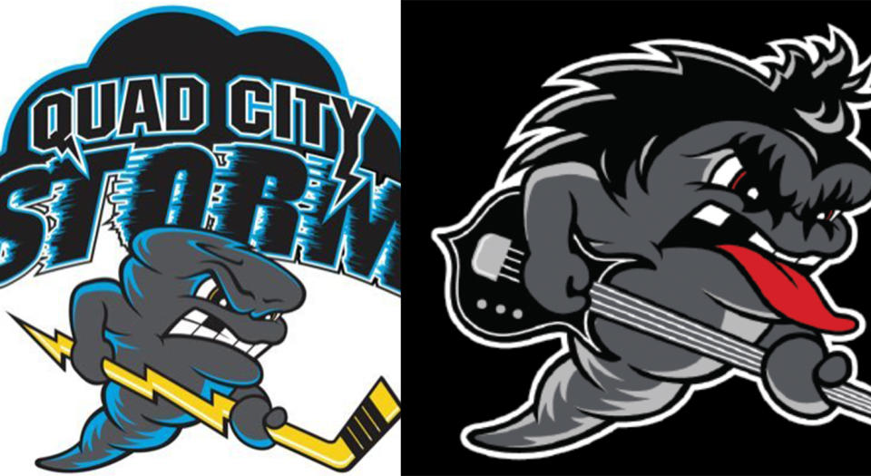 The original Quad City Storm logo (left) and the team’s logo for KISS night (right). (Photos courtesy of the team’s Twitter profile and website.)