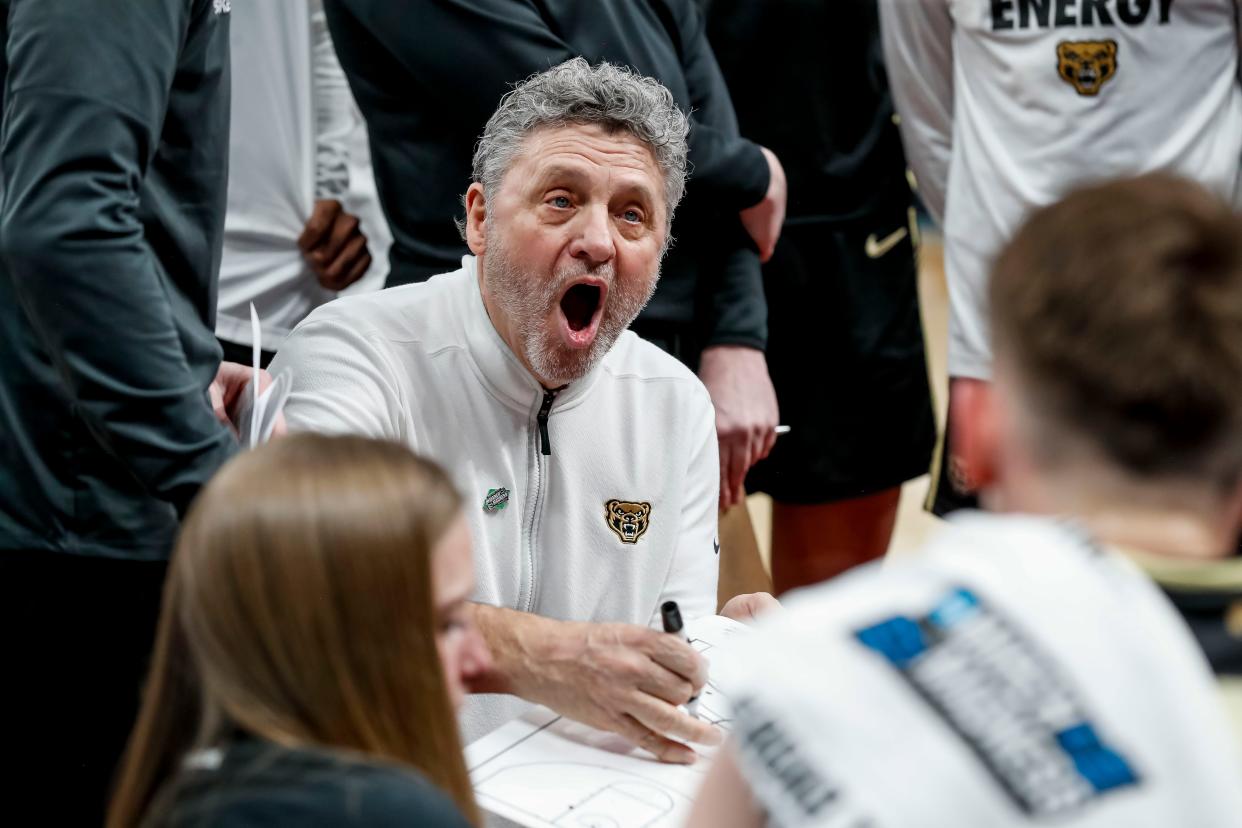 Oakland coach Greg Kampe reacts to a play during the second half of this team's game against Kentucky in the first round of the 2024 NCAA men's tournament at PPG Paints Arena.