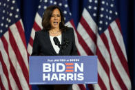 Democratic vice presidential candidate Sen. Kamala Harris, D-Calif., speaks in Washington, Thursday, Aug. 27, 2020. (AP Photo/Carolyn Kaster)