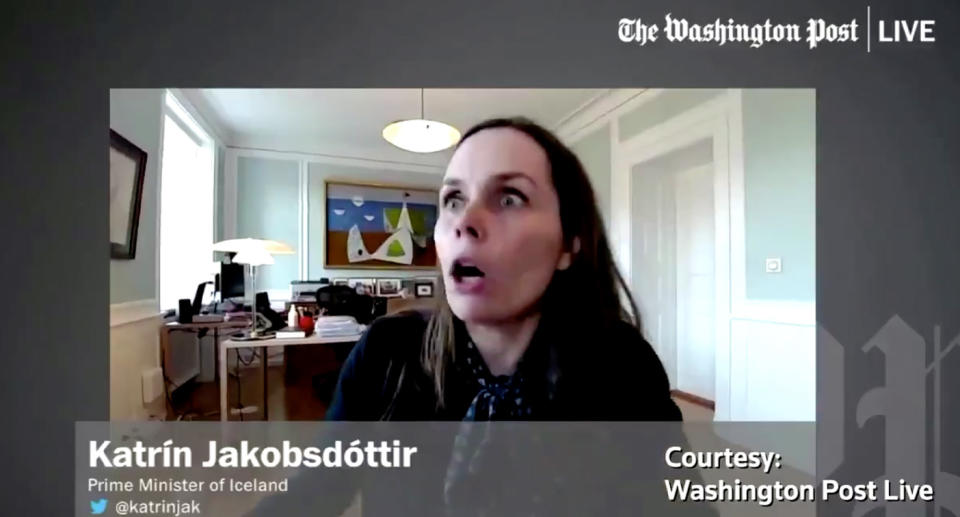 Iceland's Prime Minister Katrin Jakobsdottir with a shocked expression as the 5.6-magnitude earthquake struck.