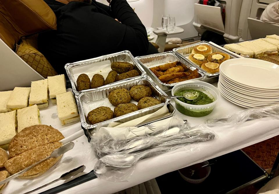 The a-la-carte tray before landing. I had the fish sticks.