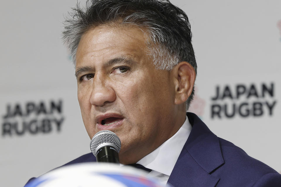 Japan coach Jamie Joseph speaks during a press conference as he named his squad on Tuesday, Aug. 15, 2023, for rugby’s upcoming World Cup in France. (Kyodo News via AP)