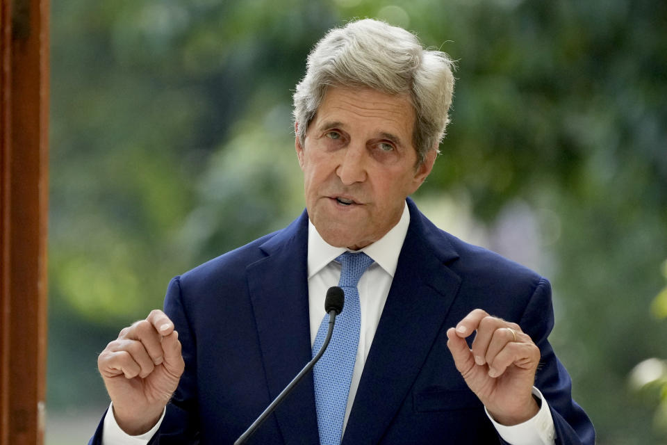 U.S. Special Presidential Envoy for Climate John Kerry delivers a policy speech in the Nash Conservatory at the Royal Botanic Gardens, Kew, in west, London, on a hot sunny day, Tuesday, July 20, 2021. The 19th century glasshouse was originally built in the grounds of Buckingham Palace and moved brick-by-brick to Kew in 1836. Temperatures in London hit 86 degrees Fahrenheit (30 Celsius) on Tuesday. (AP Photo/Matt Dunham)