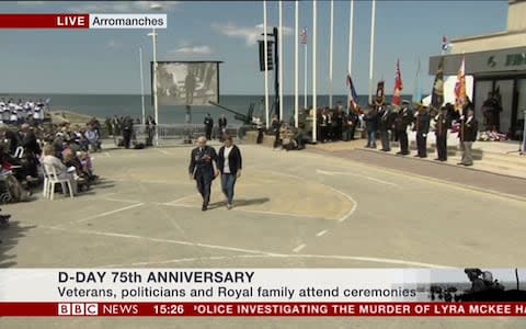 Veterans lay wreaths at a sunny Arromanches - Credit: BBC