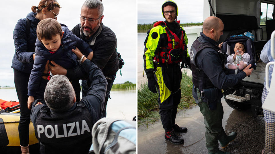 Seen here, authorities in Italy rescue civilians caught up in the deadly flooding. 