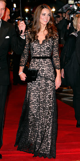 <div class="caption-credit"> Photo by: Getty Images</div><div class="caption-title">Middleton in Alice Temperley at the London premiere of War Horse, January 2011</div>Both Middleton sisters are fans of Temperley. In addition to this stunning black lace gown, Middleton wore several Temperley blouses during her North American visit. Meanwhile Pippa wore a memorable emerald Temperley gown to the royal wedding after party and sat front row at the designer's spring fashion show in London. <br>