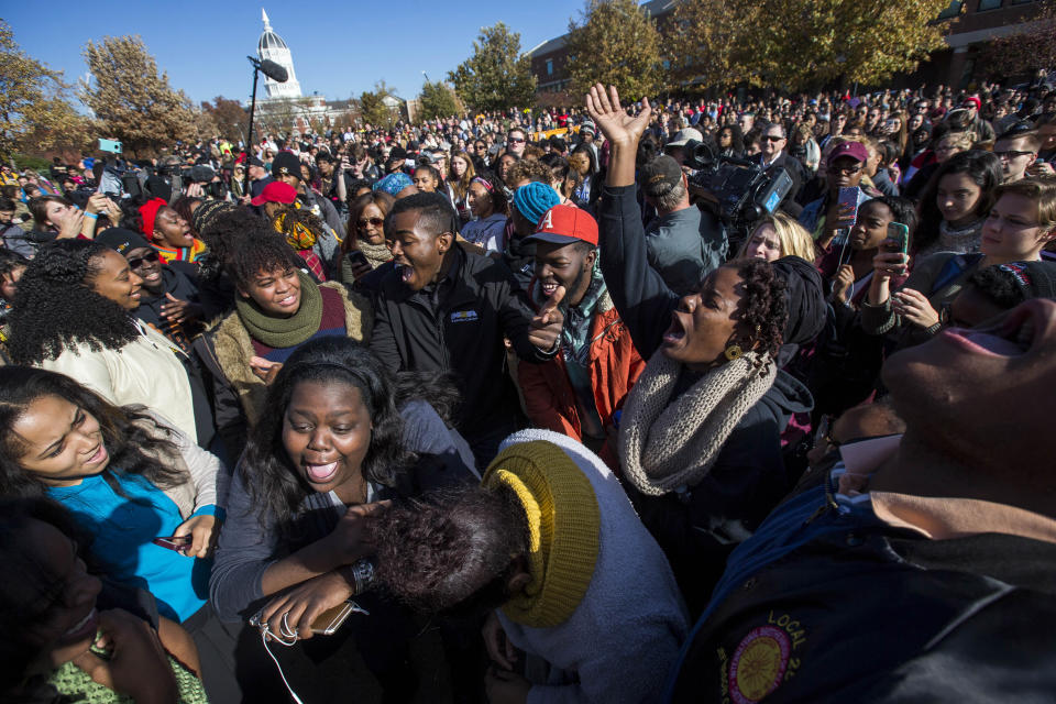 Protesters celebrate after the resignation resignation of Missouri University president Timothy M. Wolfe on the Missouri University Campus November 9, 2015 in Columbia, Missouri. Wolfe resigned after pressure from students and student athletes over his perceived insensitivity to racism on the university campus. (Photo by Brian Davidson/Getty Images)