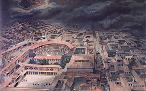 An artist's impression of Pompeii and the eruption of Vesuvius in AD 79 - Credit: Rex/Shutterstock