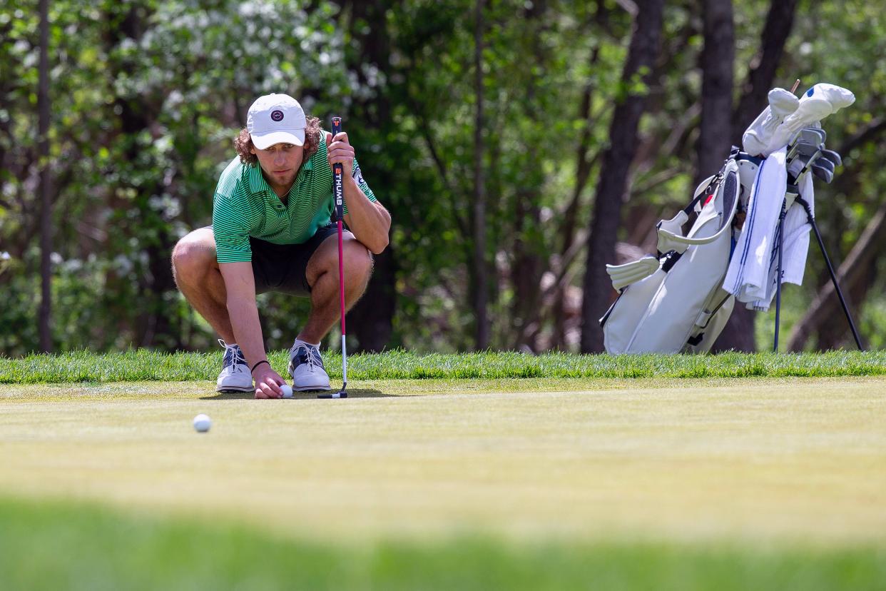 Colts Neck's Jack Aiello competes during the Shore Conference Championship at Charleston Spring Golf Course in Millstone Twp., NJ Wednesday, April 24, 2024.