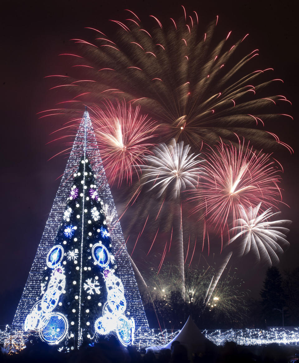 Fireworks light the sky above an illuminated Christmas tree at the Cathedral Square in Vilnius, Lithuania, shortly after midnight during the New Year's celebrations