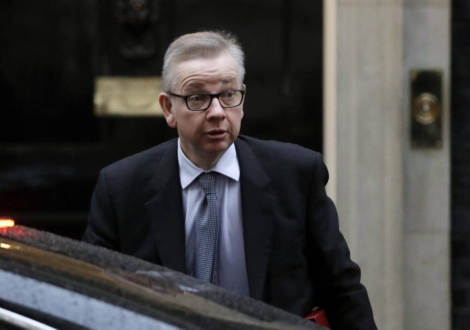 FILE - Britain's Environment Secretary Michael Gove arrives at Downing Street. London, Thursday, Jan 17, 2019. British Prime Minister Boris Johnson managed to see off a no-confidence vote from his own Conservative Party — but the result dealt a heavy blow to his authority, and questions are already being asked over who could succeed him. (AP Photo/Matt Dunham, File)