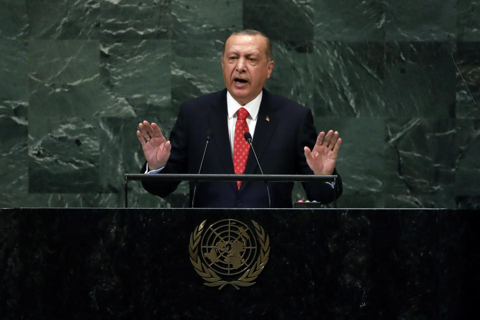 Turkey's President Recep Tayyip Erdogan addresses the 73rd session of the United Nations General Assembly, at U.N. headquarters, Tuesday, Sept. 25, 2018. (AP Photo/Richard Drew)