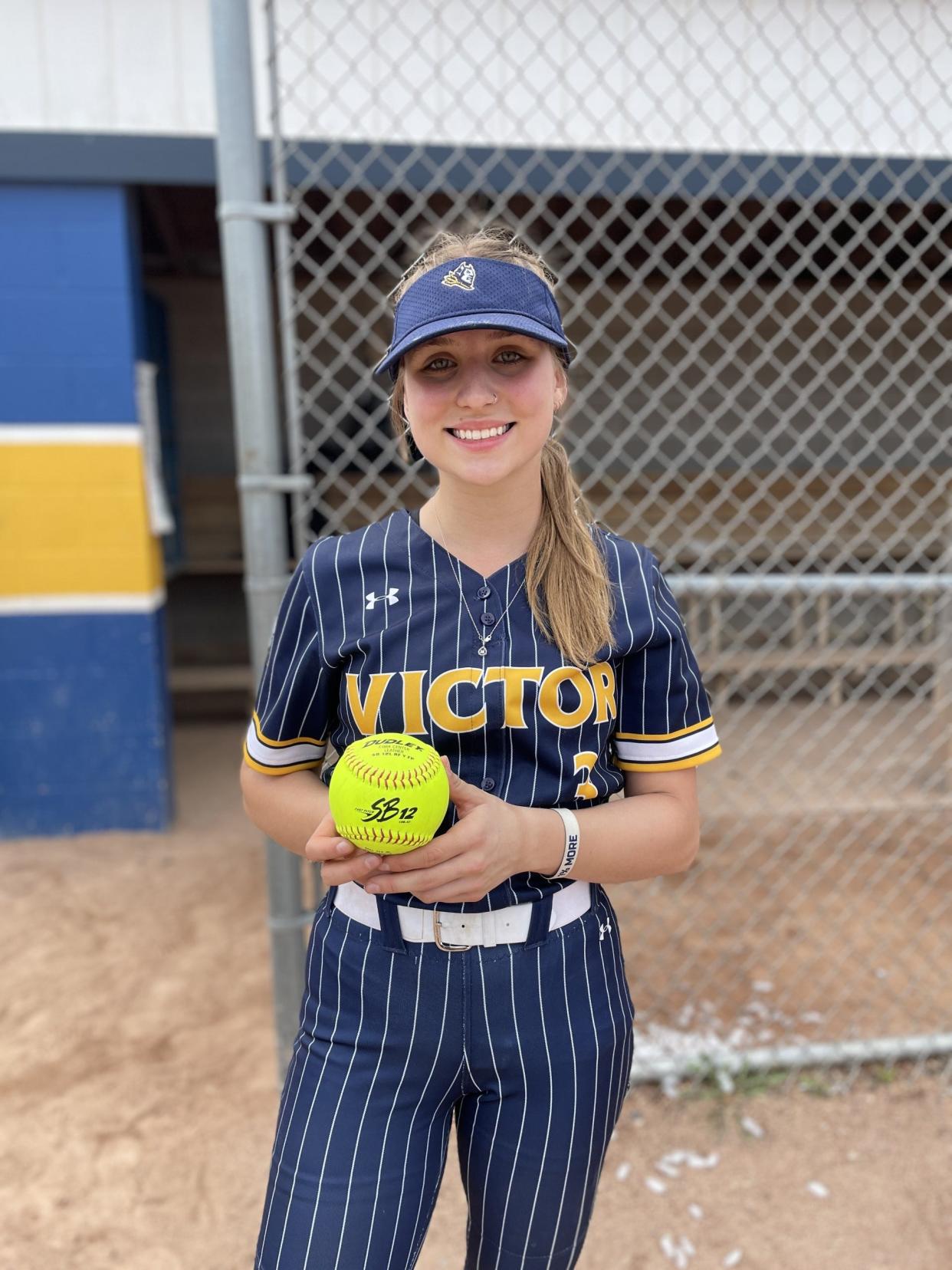 Victor senior Olivia Steinorth after her record-breaking 24-strikeout perfect game in a 1-0 loss to Haverling on Saturday, May 4, 2024.