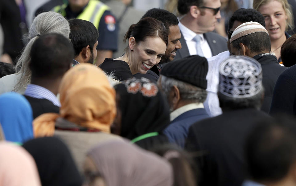 New Zealand Prime Minister Jacinda Ardern meets members of the Muslim community following a national remembrance service in Hagley Park for the victims of the March 15 mosques terrorist attack in Christchurch, New Zealand, Friday, March 29, 2019. (AP Photo/Mark Baker)