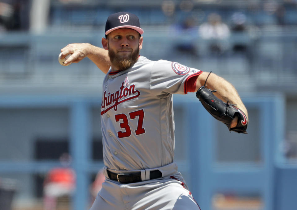 Washington Nationals starting pitcher Stephen Strasburg throws to the Los Angeles Dodgers during the first inning of a baseball game Sunday, May 12, 2019, in Los Angeles. (AP Photo/Marcio Jose Sanchez)