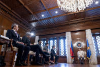 Secretary of State Antony Blinken, center, meets with Philippine President Ferdinand Marcos Jr., right, at the Malacanang Palace in Manila, Philippians, Saturday, Aug. 6, 2022. Blinken is on a ten day trip to Cambodia, Philippines, South Africa, Congo, and Rwanda. (AP Photo/Andrew Harnik, Pool)