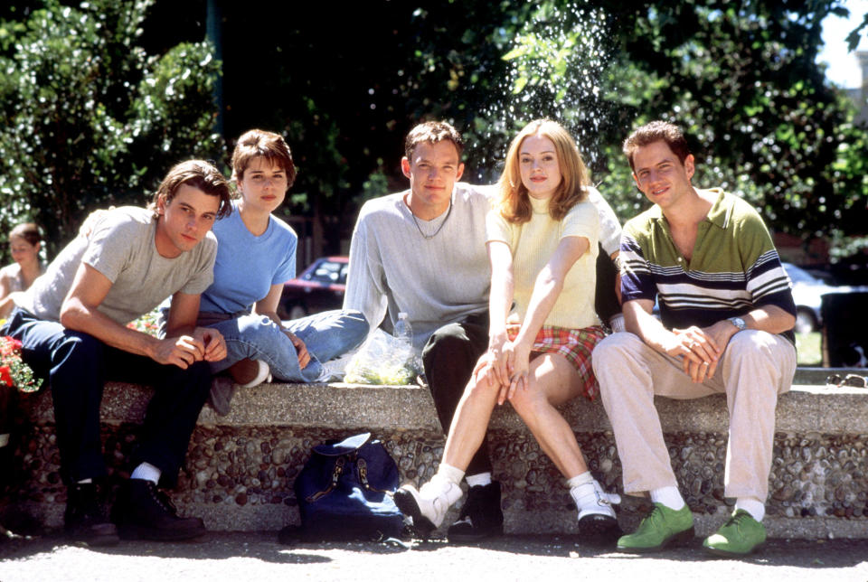 From left: Skeet Ulrich, Neve Campbell, Matthew Lillard, Rose McGowan, and Jamie Kennedy on the set of Scream in 1996