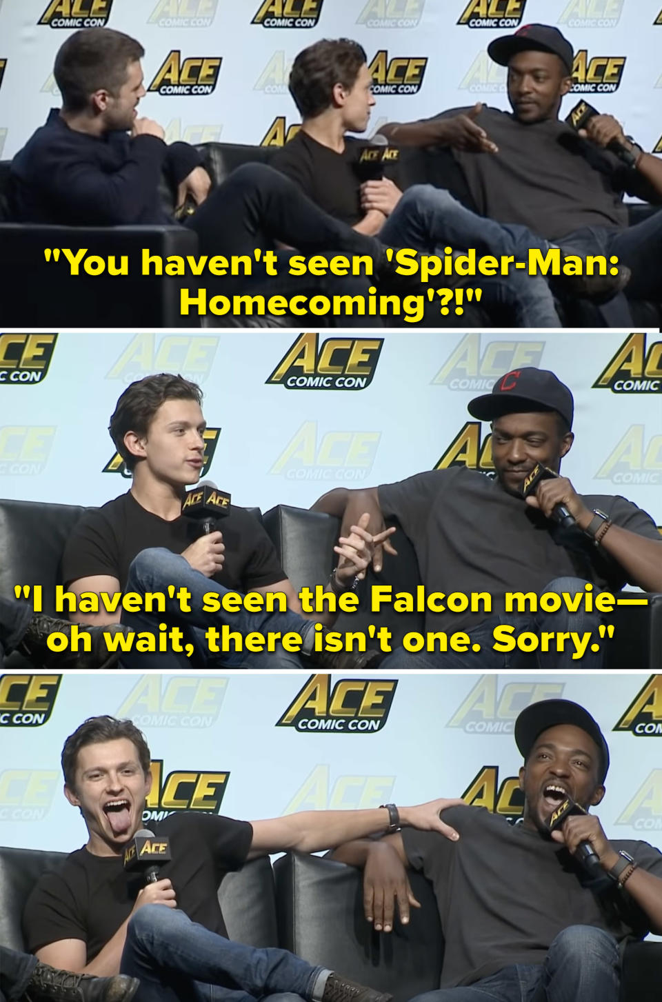 Tom saying, "I haven't seen the Falcon movie. Oh wait, there isn't one. Sorry"