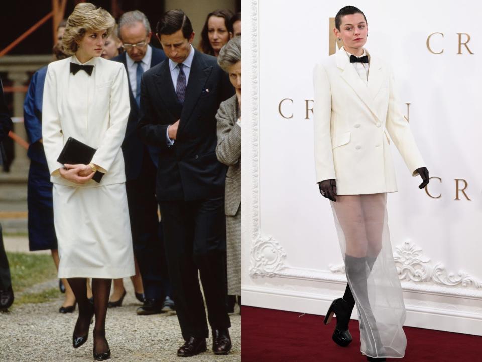 Princess Diana and Prince Charles in Florence, Italy in 1985, and Emma Corrin at the finale celebration for "The Crown in London on December 5, 2023.