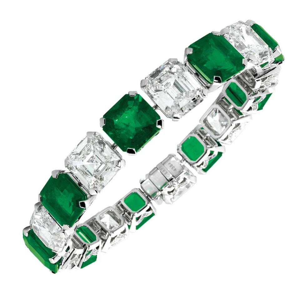 Graff’s Emerald and Diamond Line Bracelet is crafted of 17.01 carats of emeralds and 15.06 carats of white diamonds set in 18-karat white gold; price upon request, at Graff at Saks Fifth Avenue, Beverly Hills