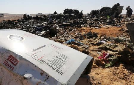 The remains of a Russian airliner are inspected by military investigators at the crash site at the al-Hasanah area in El Arish city, north Egypt, November 1, 2015. REUTERS/Mohamed Abd El Ghany