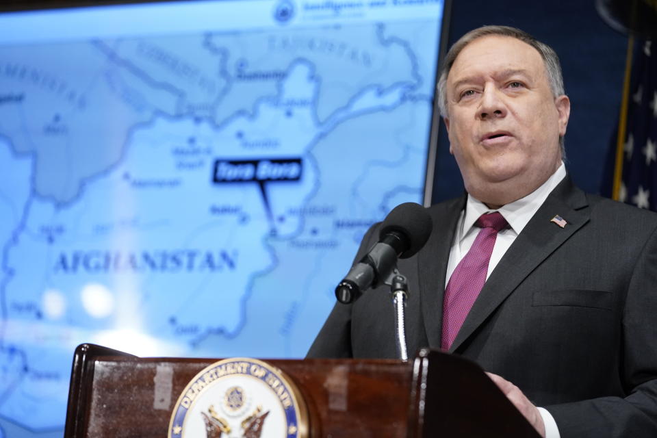 Secretary of State Mike Pompeo speaks at the National Press Club in Washington, Tuesday, Jan. 12, 2021. (AP Photo/Andrew Harnik, Pool)