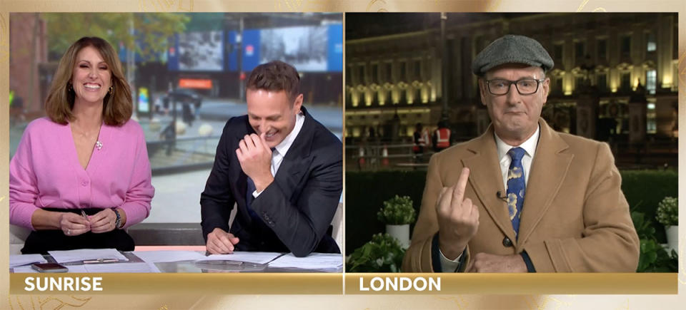 L: Natalie Barr and Matt Shirvington on Sunrise. R: David 'Kochie' Koch pulling the fingers outside Buckingham Palace