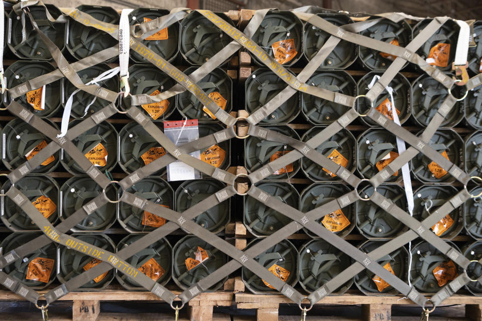 FILE - In this image provided by the U.S. Air Force, pallets of ammunition, weapons and other equipment bound for Ukraine are processed through the 436th Aerial Port Squadron during a foreign military sales mission at Dover Air Force Base, Del., Jan. 21, 2022. Western weaponry pouring into Ukraine helped blunt Russia's initial offensive and seems certain to play a central role in the approaching battle for Ukraine's contested Donbas region. Yet the Russian military is making little headway halting what has become a historic arms express. .(Mauricio Campino/U.S. Air Force via AP)