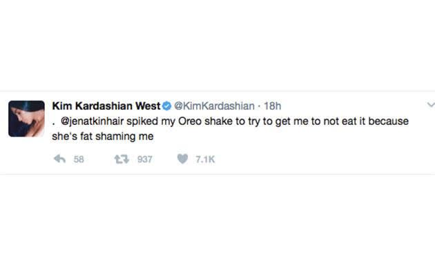 She jokes that her friend Jen Atkin was fat shaming her and attempted to spike her Oreo shake so she wouldn't drink it. Source: Twitter