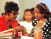 <p>Winnie Madikizela-Mandela, left, and her daughter Zinzi talk during a Truth and Reconciliation Commission hearing in Johannesburg, South Africa, on Dec. 2, 1997. The commission is investigating human rights abuses alledgedly committed by Madikizela-Mandela during the apartheid era. (Photo: Juda Ngwenya,Pool/AP) </p>