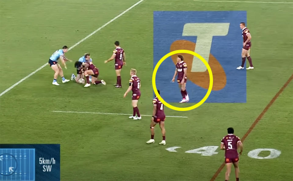 Reece Walsh, pictured here in the middle of the field around the ruck in State of Origin 1.