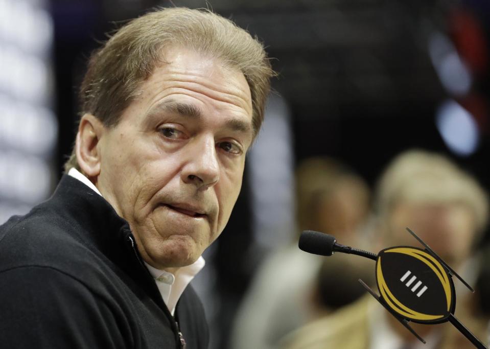 Alabama head coach Nick Saban answers questions during media day for the NCAA college football playoff championship game against Clemson Saturday, Jan. 7, 2017, in Tampa, Fla. (AP Photo/David J. Phillip)