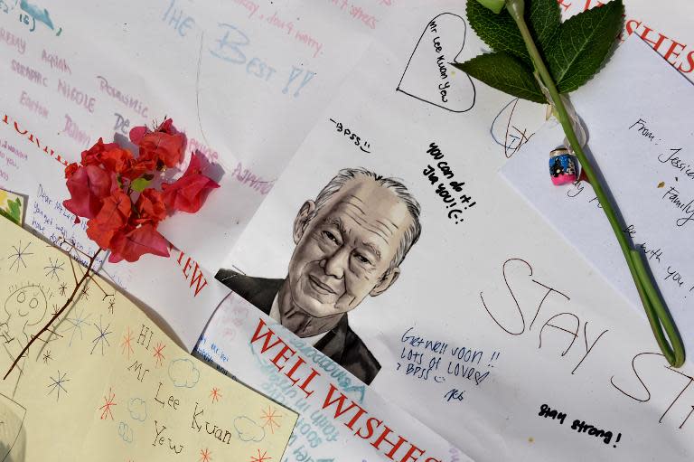 A picture of Lee Kuan Yew and messages are placed outside the Singapore General Hospital