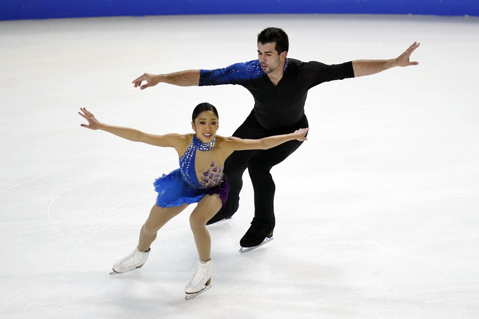 FILE - In this Jan. 16, 2021, file photo, Jessica Calalang and Brian Johnson perform during the pairs free skate program at the U.S. Figure Skating Championships in Las Vegas. Calalang, a U.S. pairs skater and potential member of the team for next February's Winter Games in Beijing, recently had a suspension from the sport overturned. Calalang had tested positive for a banned substance in January at the national championships, and it took eight months for her name to be cleared. (AP Photo/John Locher, File)