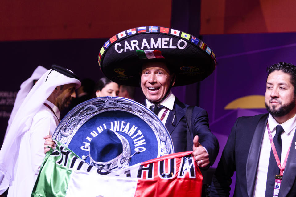 DOHA, QATAR - APRIL 01: Mexico fan Hector Chavez Ramirez poses for photos on the red carpet during the FIFA World Cup Qatar 2022 Final Draw at Doha Exhibition Center on April 1, 2022 in Doha, Qatar. (Photo by Marcio Machado/Eurasia Sport Images/Getty Images)