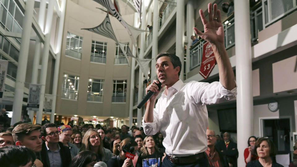 FILE - In this March 19, 2019 file photo, Democratic presidential candidate Beto O'Rourke gestures during a campaign stop at Keene State College in Keene. After a mass shooting in his hometown, Democrat Beto O’Rourke has again remade his White House bid. (AP Photo/Charles Krupa)